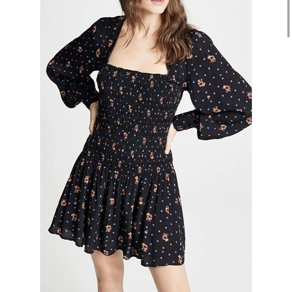 💕SOLD💖Free People Womens Medium “Two Faces” Black Floral Smocked Long Sleeve